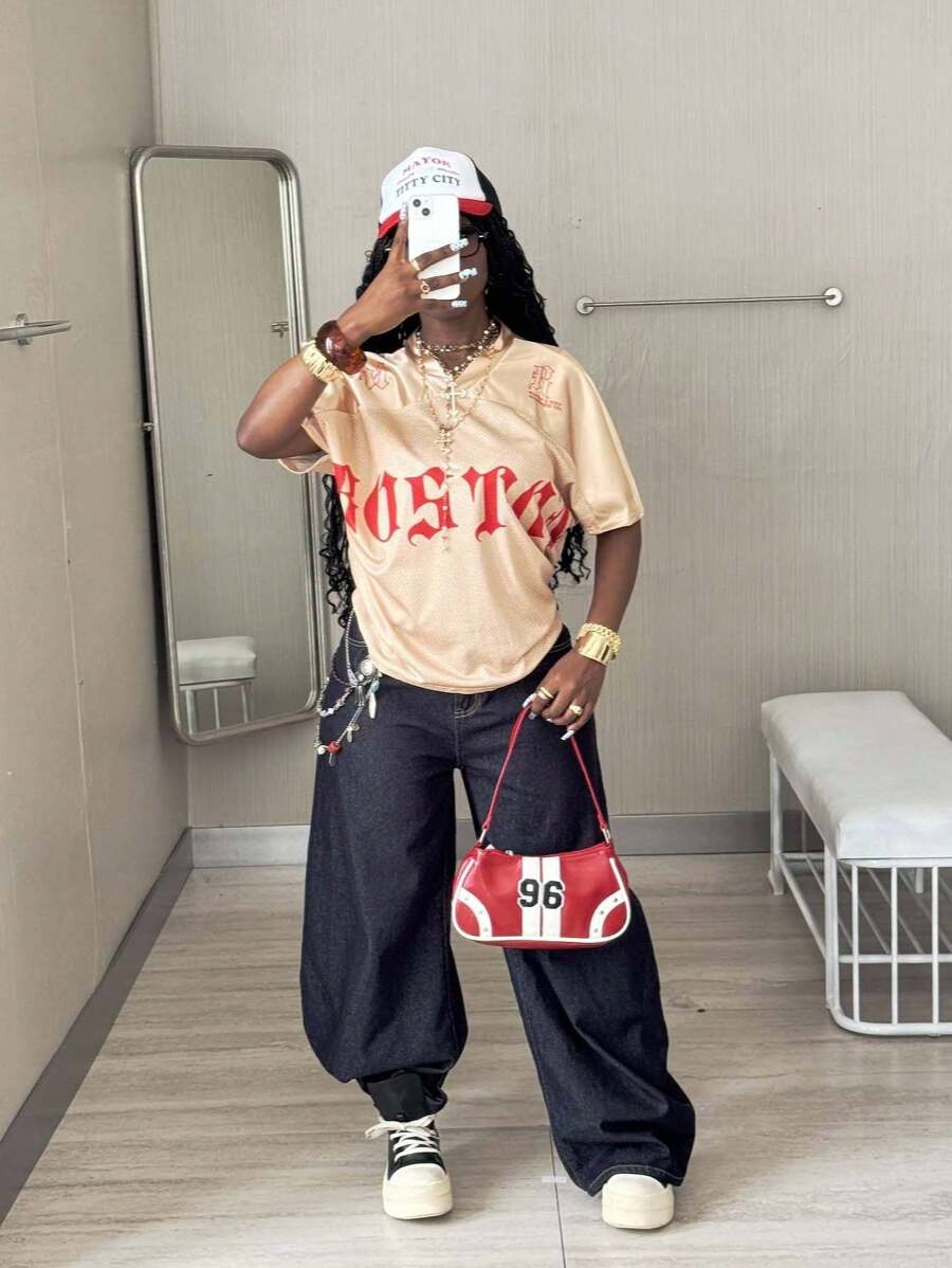 Coolane 女式夏季酷女孩街头服饰外出运动复古透气网眼图案棒球超大 V 领卡其色针织 T 恤 - 彩色 - 查看 1