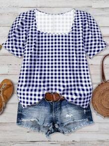 EMERY ROSE Plus Size Plaid Puff Sleeve Casual Shirt, Suitable For Summer - Blue - View 1