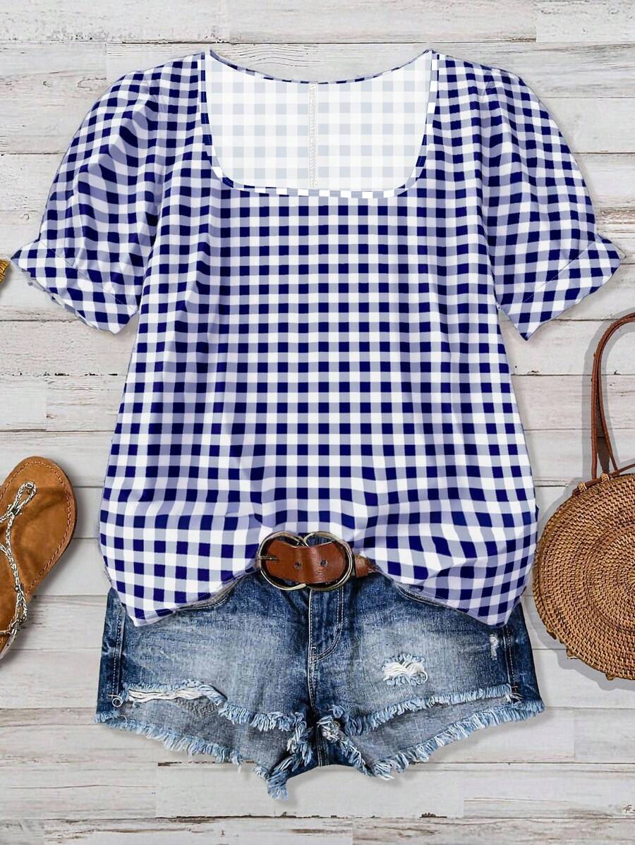 EMERY ROSE Plus Size Plaid Puff Sleeve Casual Shirt, Suitable For Summer - Blue - View 1
