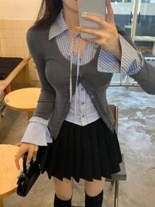 DAZY 女士条纹拼接系带荷叶边修身长袖休闲T恤 - 灰色 - 查看 2