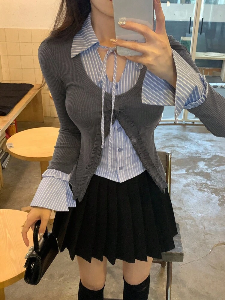 Women's Striped Patchwork Tie-Up Frill Trim Fitted Long Sleeve Casual T-Shirt