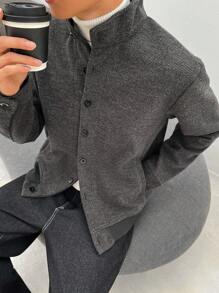 Claim Dot Men's Casual Fashion Button Long Sleeve Overcoats, Autumn/Winter Men Grey Button Up Shirt Textured Button Up Shirt Grey Shirt Men Knitted Shirt Grey Long Sleeve Shirt, Dark Grey Shirt, Grey Button Up Men, Textured Shirt, Old Money Style - Dark Grey - View 4