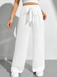 Pantalones de pierna ancha largos con cinturón y unicolor - Blanco - Ver 3