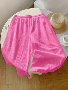 Comfortcana Quần ống rộng có dây rút eo cỡ lớn màu đỏ hồng cho nữ - Màu Hồng Tươi - Xem 2