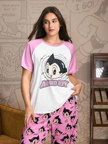Astro Boy X SHEIN Große Größen Cartoon Figur Grafik Farbblock Kurzarm Top und Hose Pyjama Set Damen Pyjamas Rosa Pyjamas Charakter Pyjamas Herbstbekleidung - Pink - Übersicht 5