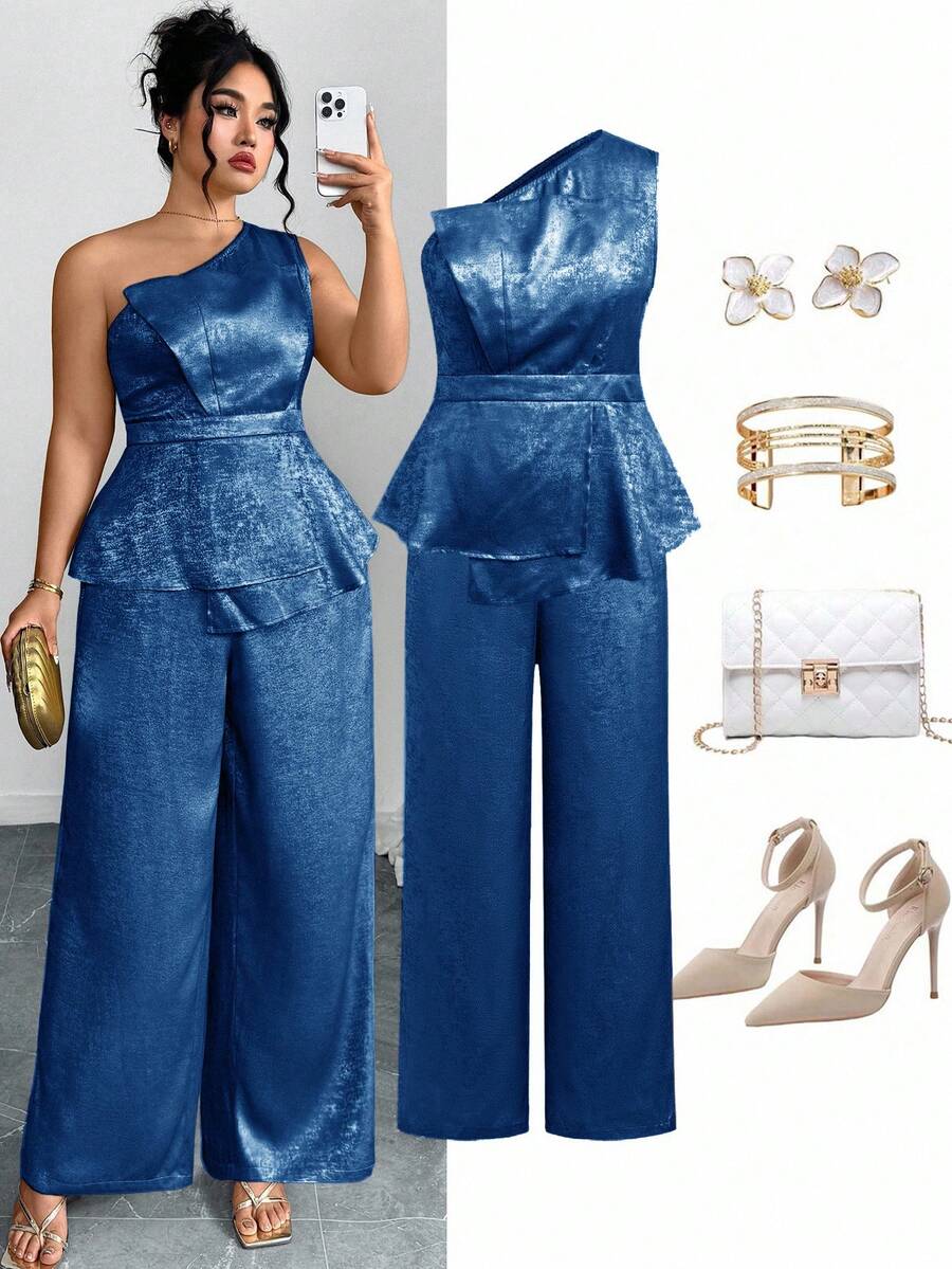 Ellevyn 2 件大码女式优雅金箔装饰无袖短款上衣和阔腿裤套装 - 藍色 - 查看 1