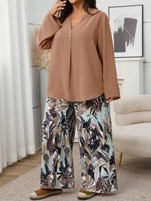 EMERY ROSE Bộ 2 món áo sơ mi dài tay và quần in hoa thời trang thu đông cho nữ cỡ lớn - Nhiều màu - Xem 7