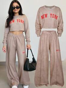 SHEIN Explorewe HYPEME 青少年女孩休閒時尚設計 水洗沙色圓領字母印花衛衣與寬鬆舒適日常簡約運動褲 2件套 - 卡其色 - 查看 6