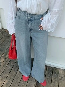 Dazy Plus Jeans rectos de pierna larga con diseño de solapa en ángulo y lavado claro, para todas las estaciones - Lavado ligero - Ver 6