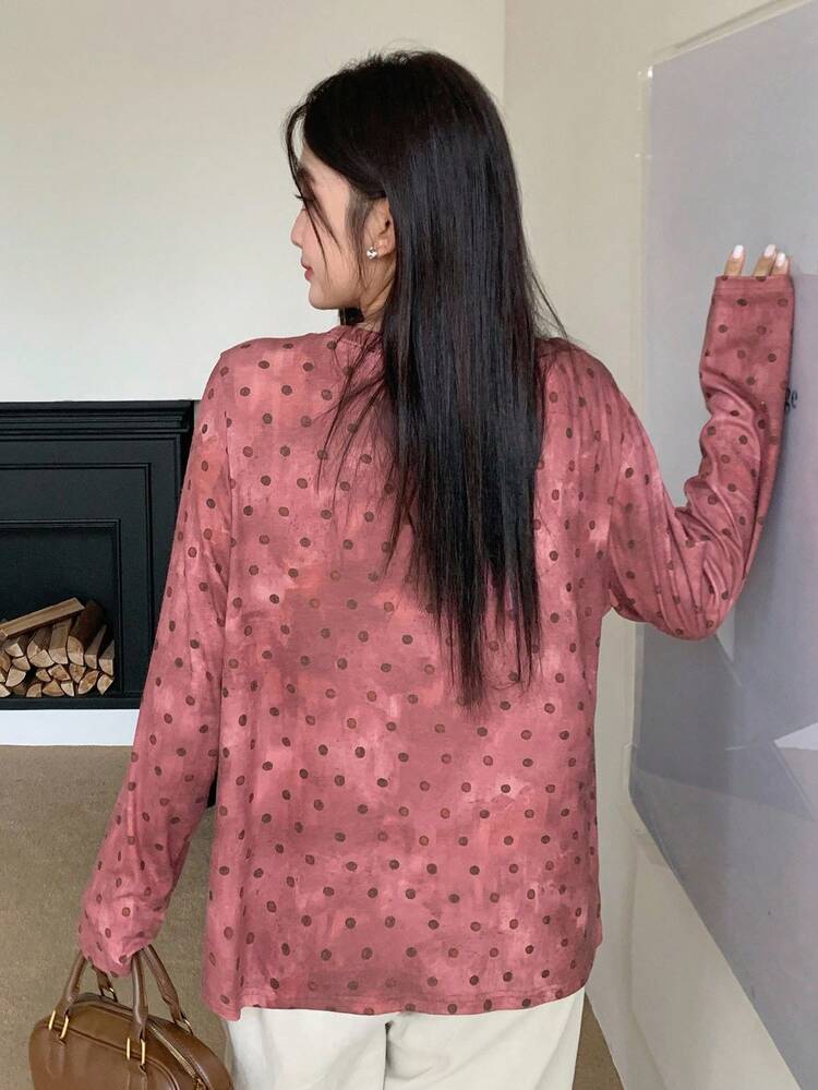 Dazy Plus Asymmetrical Print Round Neck Polka Dot Loose Casual Blouse, Plus Size For Women Long Sleeve Top