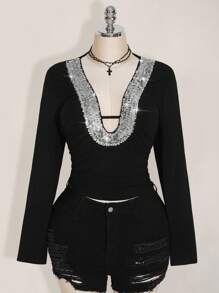SHEIN ICON Plus Size Y2K Knit Notch Neck Hollow Out Long Sleeve Top, Sequin Decor Party Top, Date Top, Sexy Sequin Decor Top - Black - View 3