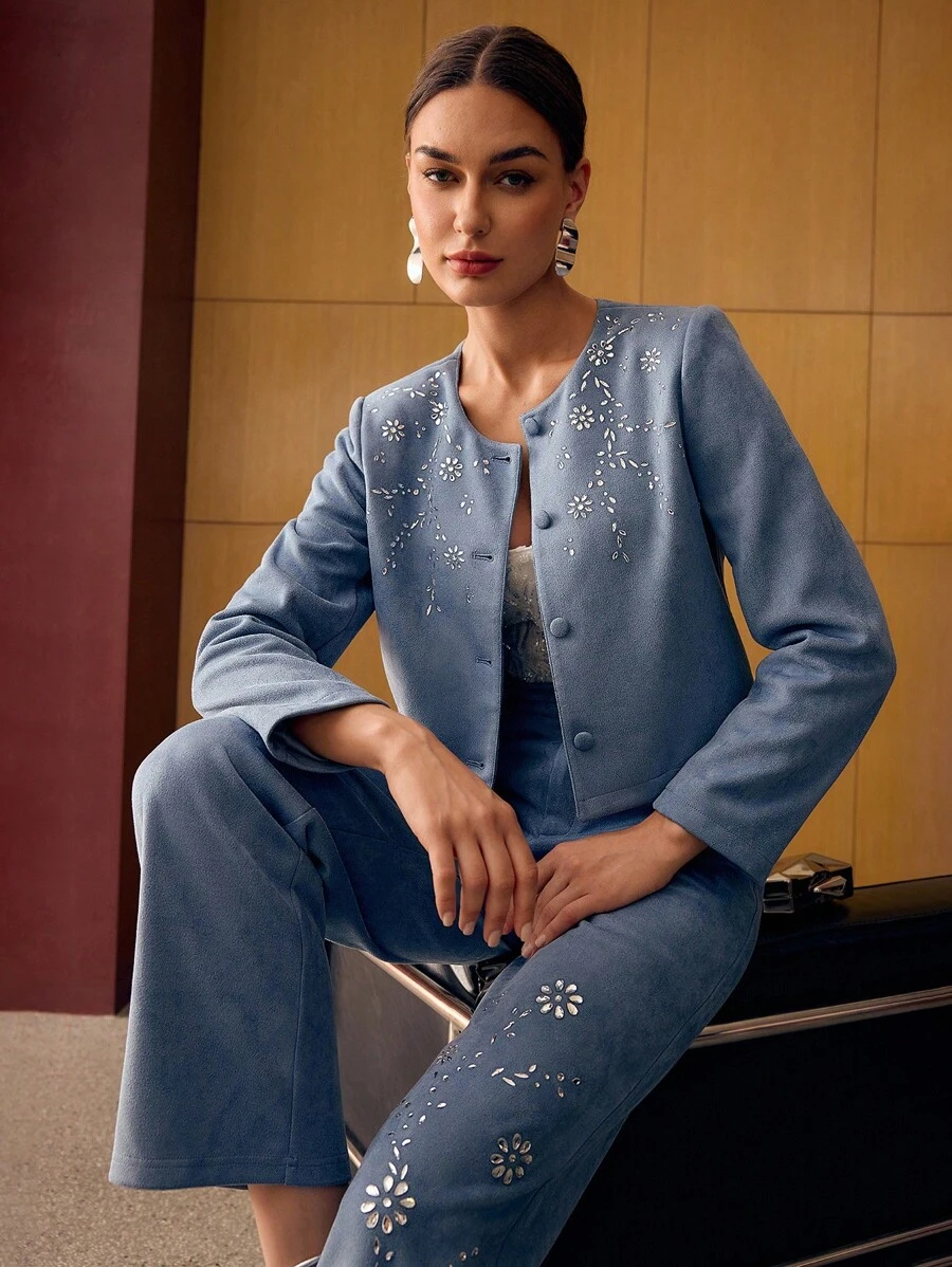 MOTF PREMIUM SUEDE RHINESTONE DETAIL BUTTON UP JACKET - Blue - View 1