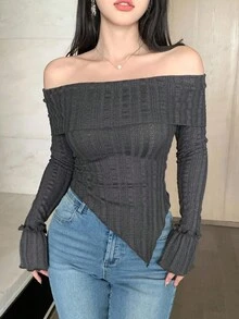 DAZY 女式纹理露肩修身休闲套头衫秋季 - 深灰色 - 查看 1