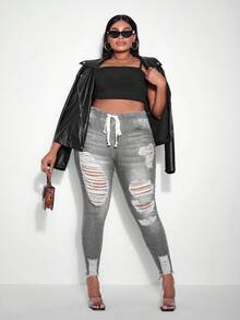 SHEIN Cottnline Plus Size Women Drawstring Waist Pocket Distressed Skinny Casual Versatile Jeans - Grey - View 3