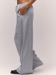 MUSERA 格纹低腰系带阔腿亚麻裤，秋季复古乡村风休闲办公度假夏季款 - 藍白色 - 查看 3