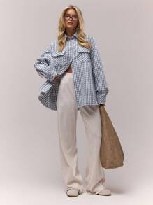 MUSERA 超大格纹前袋纽扣衬衫，复古乡村风，清新甜美，适合冬季休闲穿着，优雅春季款。 - 彩色 - 查看 4