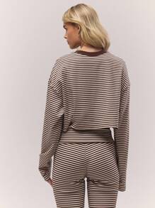 MUSERA 短款条纹长袖圆领宽松T恤，复古乡村风，清新甜美，适合休闲夜晚居家穿着，奶油糖色，优雅春夏假日风情 - 彩色 - 查看 3