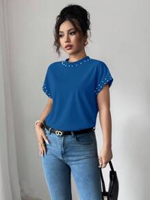 Elenzga 女式黑色圆领短袖泡泡珍珠T恤 - 寶藍色 - 查看 5