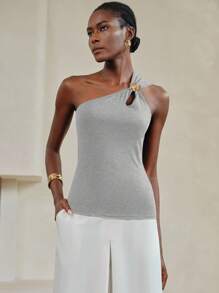 Arave Women's Summer Sleeveless Gray Hollow Metal Button 3D Flower Decoration One Shoulder Tank Top Resort Wear For Women, Vacation Tops, Gold Buttons, Sexy Tops Vacation Outfits Woman Off The Shoulder Top Party Dresses For Women