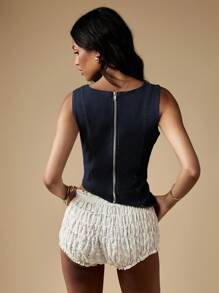 MISSGUIDED 无袖牛仔紧身胸衣上衣，撞色缝线，不对称原始下摆，短款设计，夏季节日休闲派对晚装背心 - 深色水洗藍 - 查看 2