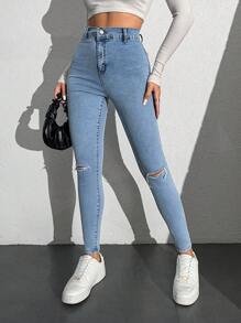 EURMUSE High Waist Ripped Skinny Jeans - Royal Blue - View 4