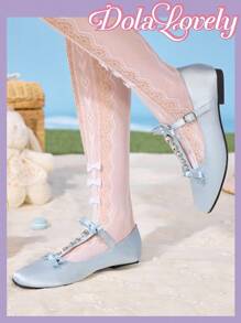 Dola Lovely Women's Spring New Cute Satin Blue Criss-Cross Metal Buckle Ballet Flats, Plus Size Elegant Sweet Ladies Flat Shoes - Baby Blue - View 3