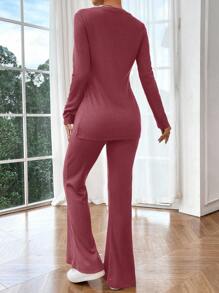 SHEIN Set de top y pantalones casuales de unicolor con abertura lateral para maternidad, 2 piezas - Rosa Fucsia - Ver 2