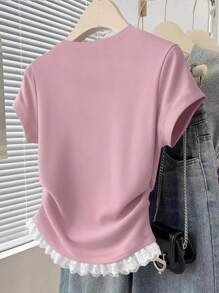 INAWLY 夏季新款女式蕾丝边短袖休闲修身腰部上衣T恤 - 粉色 - 查看 2