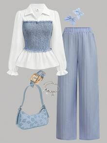 SHEIN Girlism 2 件套青少年女孩纯色拼布长袖休闲上衣和裤子套装，适合春秋冬季优雅休闲装 - 藍白色 - 查看 1