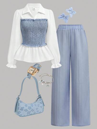 SHEIN Girlism 2 件套青少年女孩纯色拼布长袖休闲上衣和裤子套装，适合春秋冬季优雅休闲装