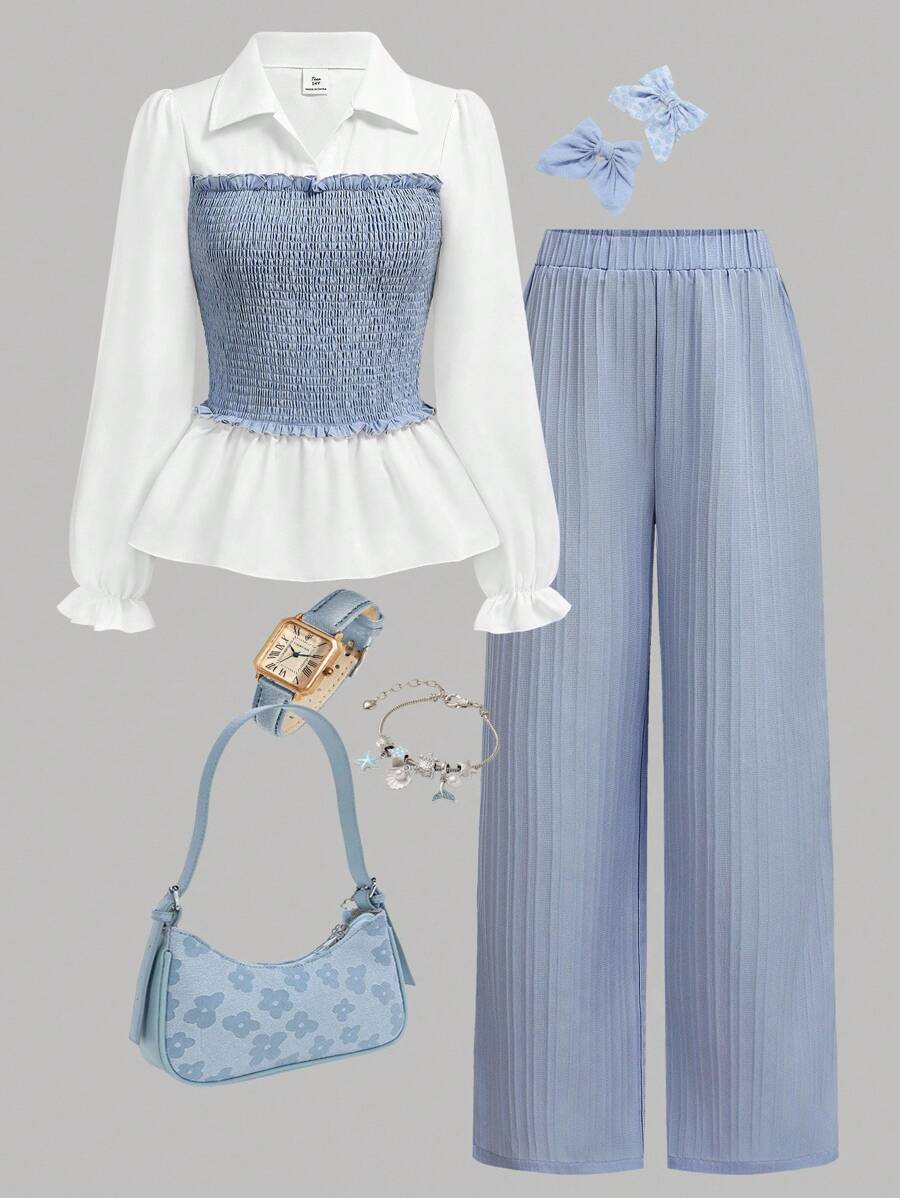 SHEIN Girlism 2 件套青少年女孩纯色拼布长袖休闲上衣和裤子套装，适合春秋冬季优雅休闲装 - 藍白色 - 查看 1