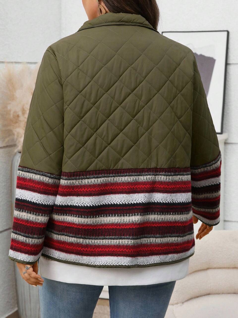 Plus Size Women's Casual Western Style Contrast Color Quilted Coat,Winter Fall Country Concert Hiking Army Winter Western Hiking 1XL-5XL