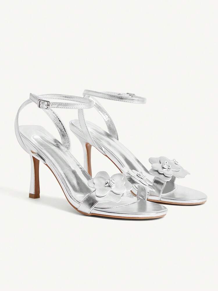 CUCCOO CHICEST Women's Fashion Camellia Fairy Silver Metallic Peep Toe Strap High Heel Sandals, Suitable For Party, Afternoon Tea In Summer