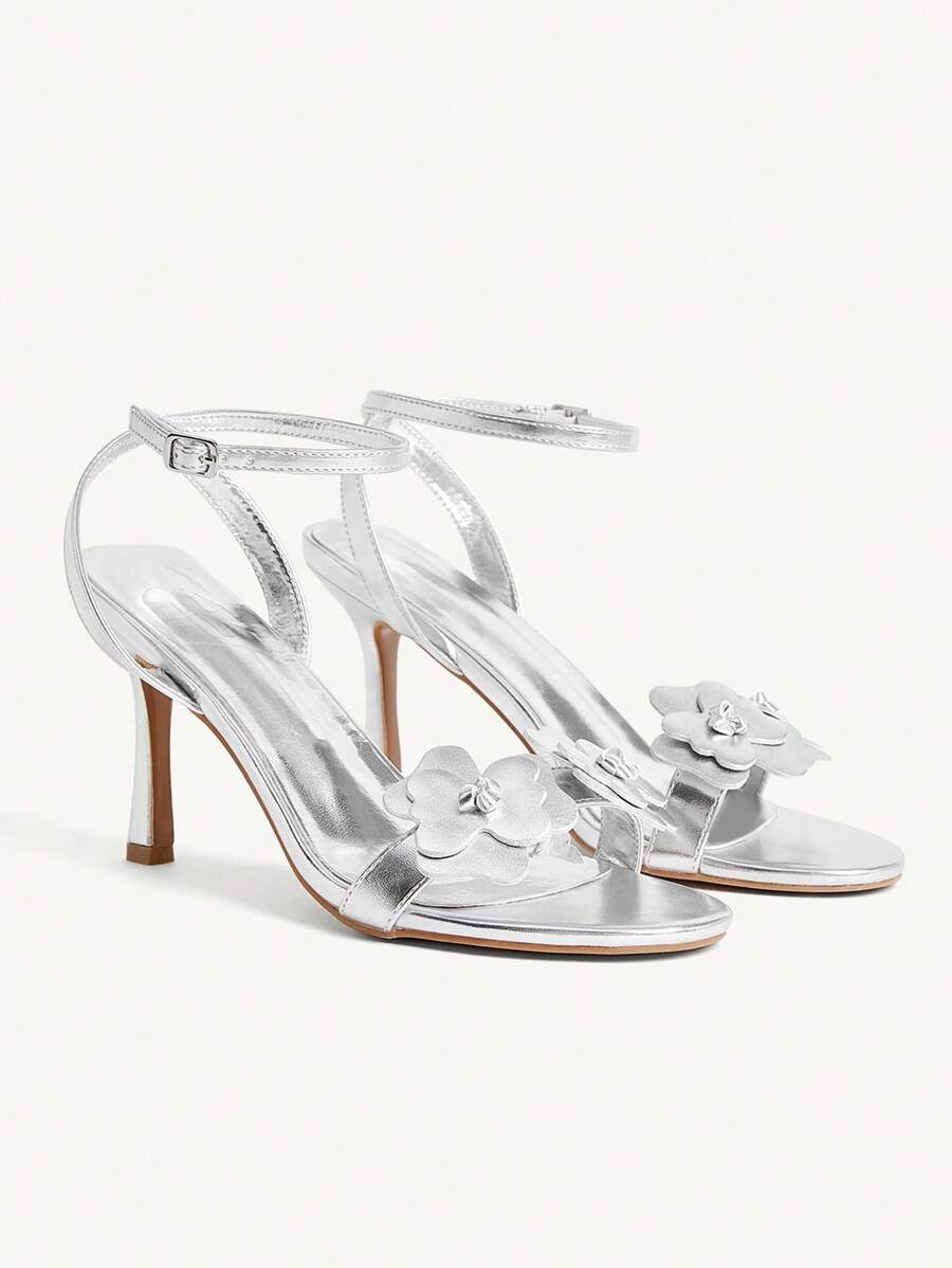 CUCCOO CHICEST 女士时尚山茶花仙子银色金属露趾绑带高跟凉鞋，适合夏季派对、下午茶 - 銀色 - 查看 1