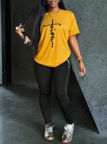 SHEIN Women's Letter Printed Round Neck T-Shirt And Leggings Set - Yellow - View 5