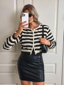 EMERY ROSE Women's Casual Striped Cardigan,Long Sleeve Tops - Black and White - View 1