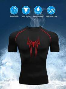 Manfinity Sport Corelite Camiseta deportiva de manga corta tipo raglán con estampado de araña para hombres, camiseta de compresión transpirable y ajustada para entrenamiento y gimnasio, cuello redondo