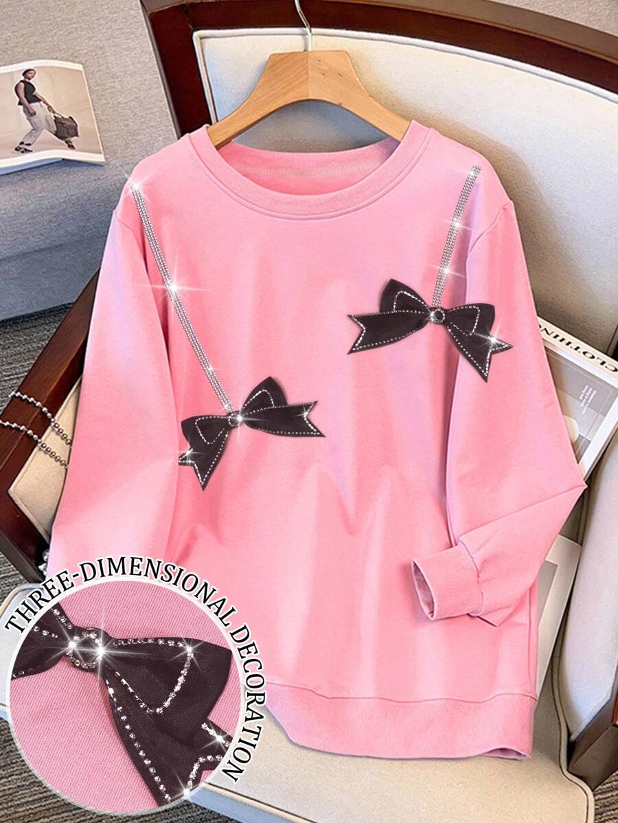 SHEIN Sudadera de cuello redondo de manga larga con adornos de strass y decoración de lazo, regalo de otoño para amigos - Rosa - Ver 1