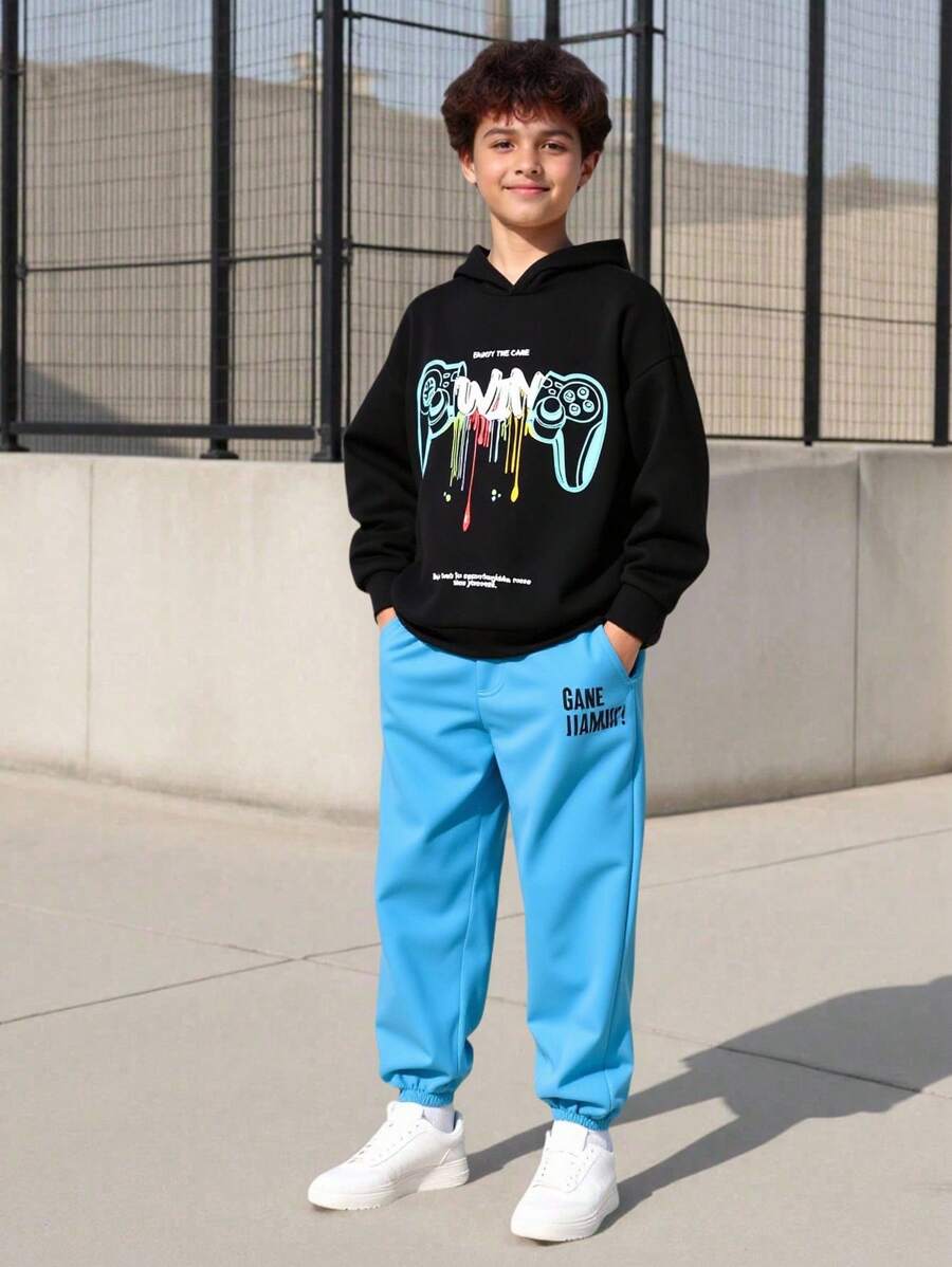 2 Stück Tween Jungen Lässiger minimalistischer Cartoon Spielekonsolen Muster Loose Fit Langarm Hoodie Set, geeignet für Herbst/Winter Schulanfang Kleidung - Schwarz - Übersicht 1