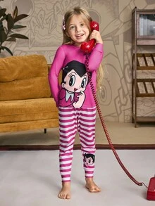 Astro Boy X SHEIN 2 peças/Conjunto Camiseta de Manga Longa com Gola Redonda e Estampa Fofa de Menina Cartoon & Letra e Legging Listrada, Pijama Casual e Confortável, Primavera/Outono