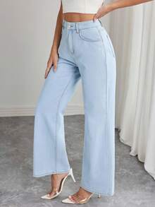 EMERY ROSE Women's Floral Embroidered Pocket Wide Leg Loose Casual Denim Jeans - Light Wash - View 4