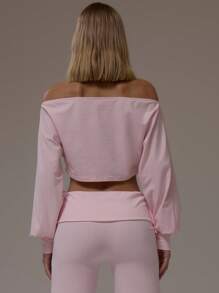 MUSERA Long Sleeve Off The Shoulder Cropped Cuffed Sleeve Top Casual Airport Loungewear Fall Elegant Spring Summer - Baby Pink - View 4