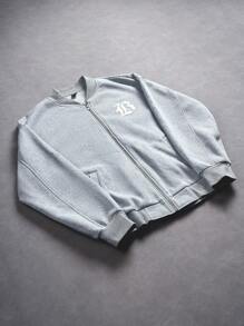 Manfinity Sporsity Men's Letter Print Long Sleeve Zipper Front Casual Baseball Jacket , Grey Zip Up Jacket, Grey Varsity Jacket, Fall/Winter