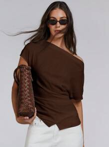 Athîral Women's Solid Color Ruched Batwing Short Sleeve Fashionable Blouse,Off The Shoulder Top - Coffee Brown - View 2