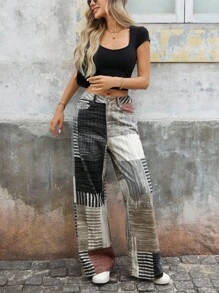 EMERY ROSE Jeans taille haute à jambe large avec imprimé graphique, style de rue décontracté pour femmes