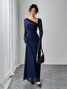 Siren Gaze 秋季女式网眼修身长袖A字下摆长裙 - 藏蓝色 - 查看 4