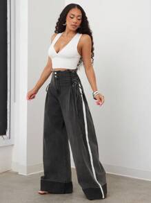 Vixey 女式侧系带磨边阔腿宽松休闲牛仔裤 - 黑色 - 查看 2