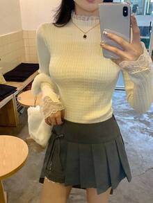 DAZY 女士纯色韩版蕾丝拼接长袖休闲毛衣 - 白色 - 查看 7