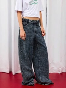 COUREZ 低腰超宽松水洗牛仔裤，后袋饰有蝴蝶结 / Y2K 低腰牛仔裤 秋季女装 秋季外出穿搭 低腰牛仔裤 - 藍色 - 查看 6