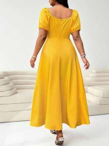 Solflare 加大码女式黄色短袖休闲系带前腰收腰优雅度假装女士休闲婚礼宾客礼服，春夏季，太阳裙，毕业礼服，节日，生日礼服 - 黃色 - 查看 2